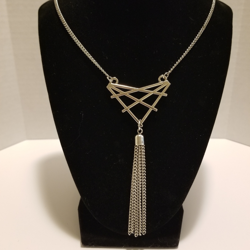 Long Silver Tassel Necklace with Triangle Pendant